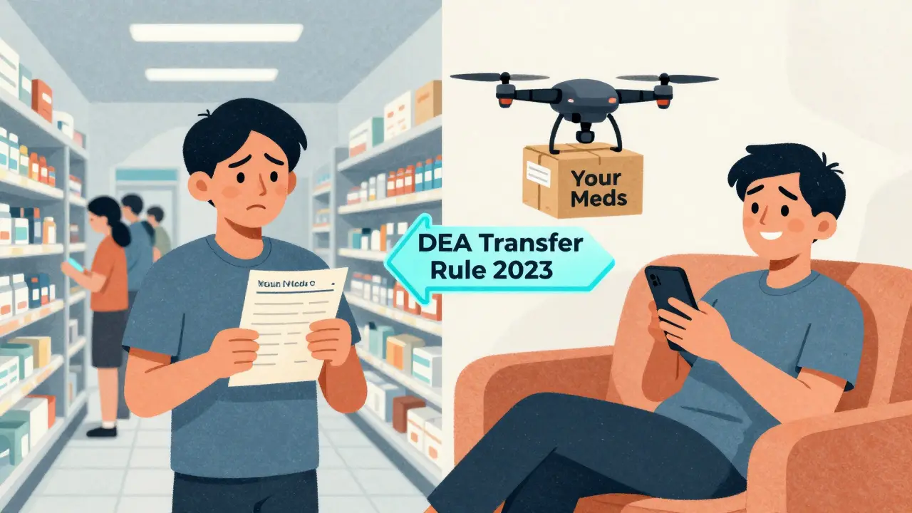 Split scene: person stuck in pharmacy line vs. person relaxed at home receiving medication delivery.