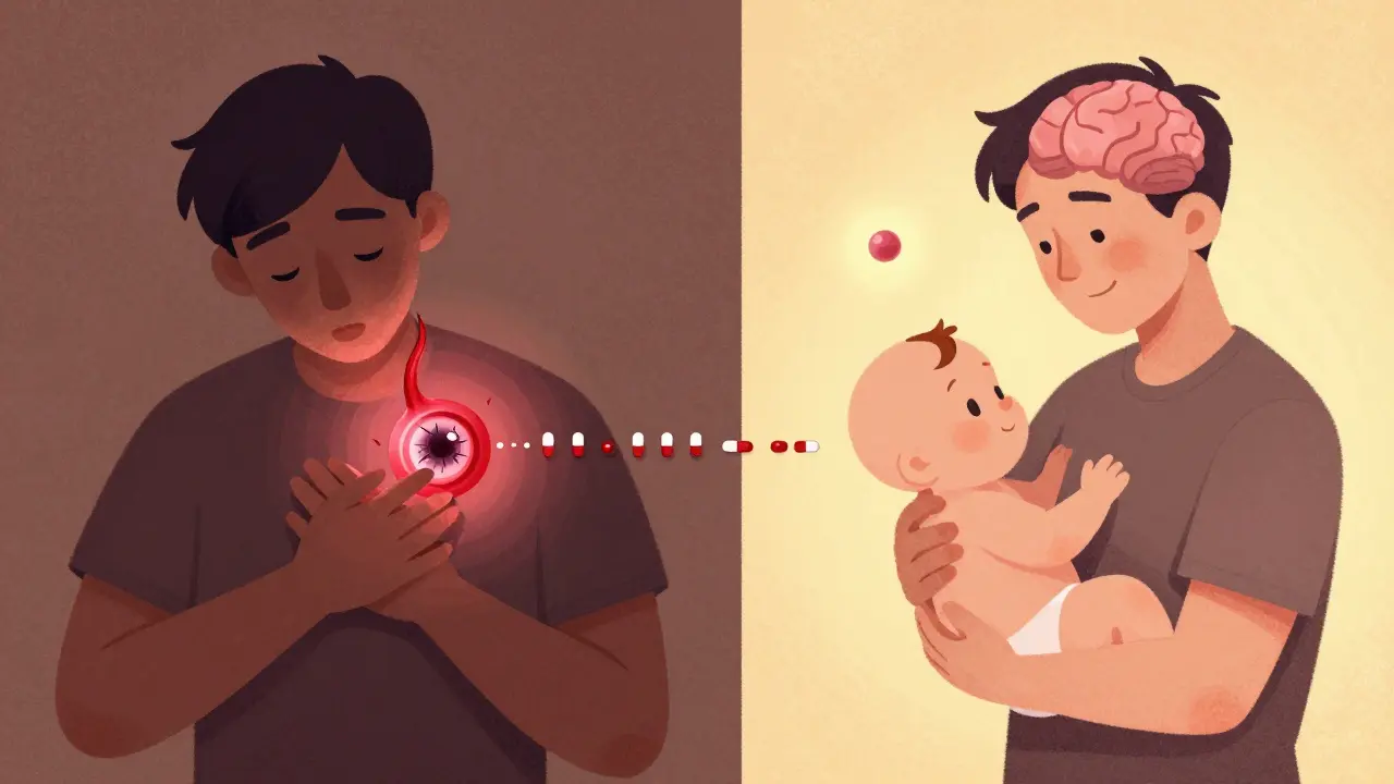 Split scene showing a man’s journey from vision loss and hormonal imbalance to recovery and fatherhood.