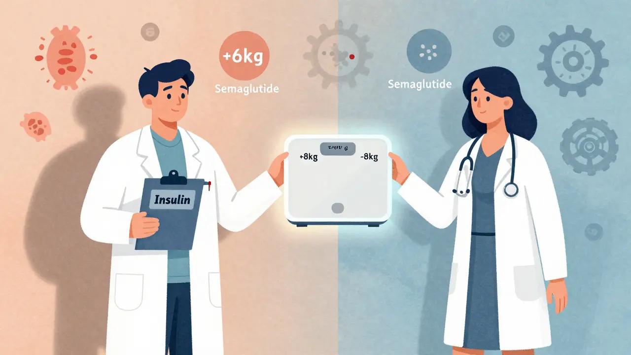 Split scene showing the same person with two different body types due to different diabetes medications.