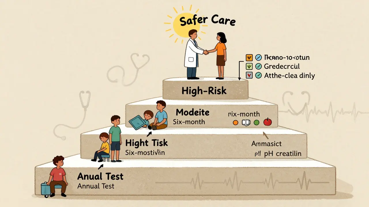 Three-tiered risk system for opioid testing with patient and doctor at the top.