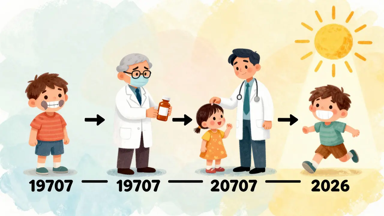 Timeline showing shift from stained teeth in 1970s to healthy smile in 2026 with doxycycline use.
