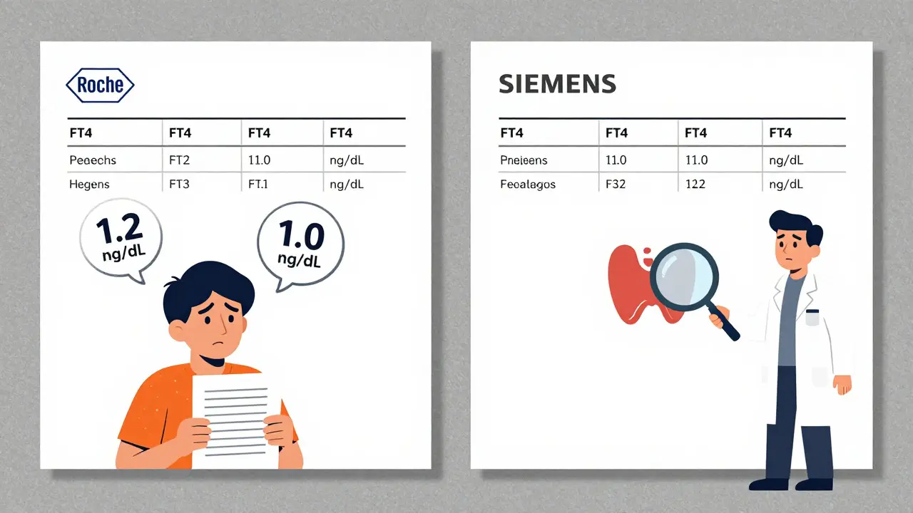 Two lab reports showing different FT4 values for the same patient, causing confusion.
