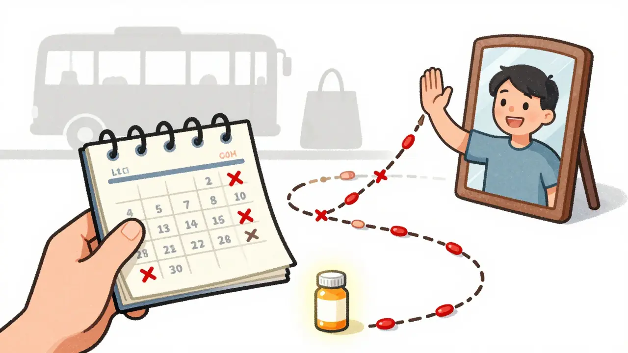 A person celebrates a week of consistent medication use by giving themselves a high-five, with a calendar showing a chain of checkmarks.