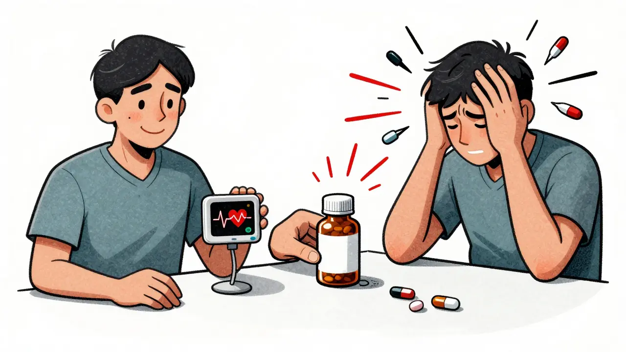 A split scene shows a patient thriving on one side and suffering seizures on the other after switching to a different generic pill.
