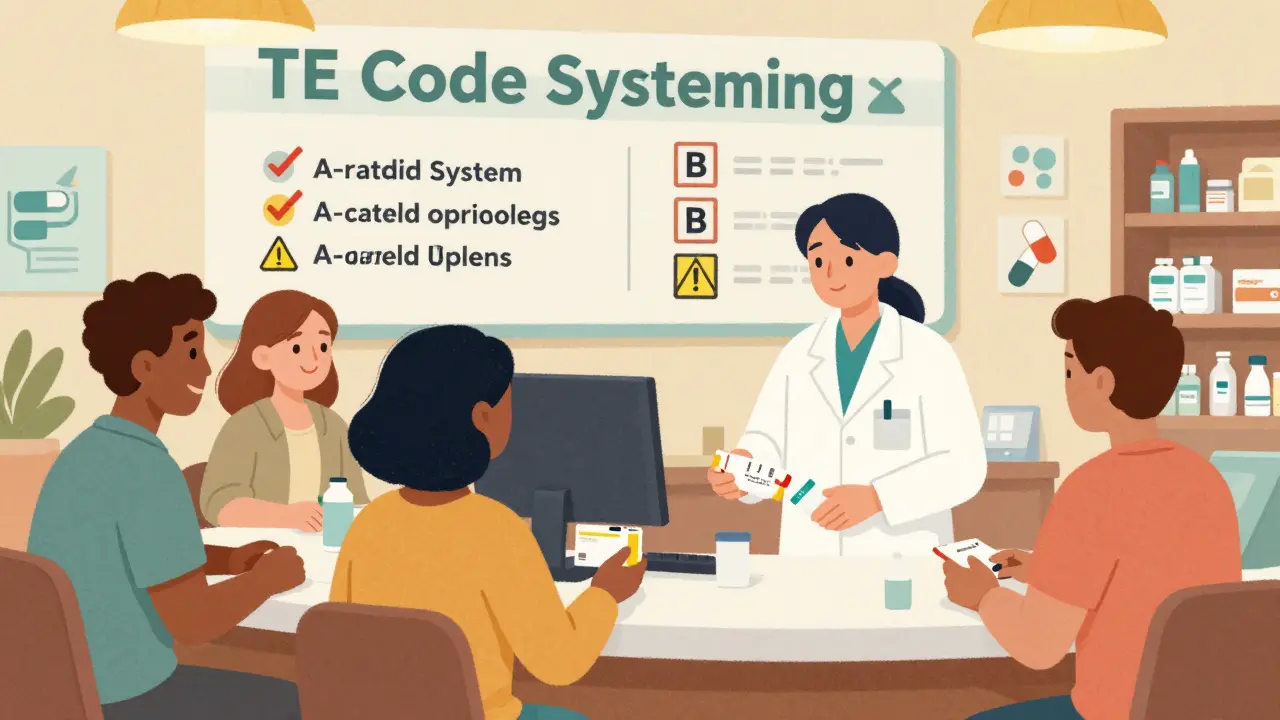Community pharmacy scene with patients and a TE code mural on the wall.