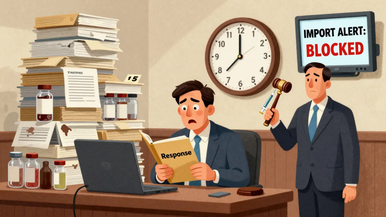 Company executive presenting weak response to FDA official in courtroom, surrounded by evidence of violations and a ticking clock.