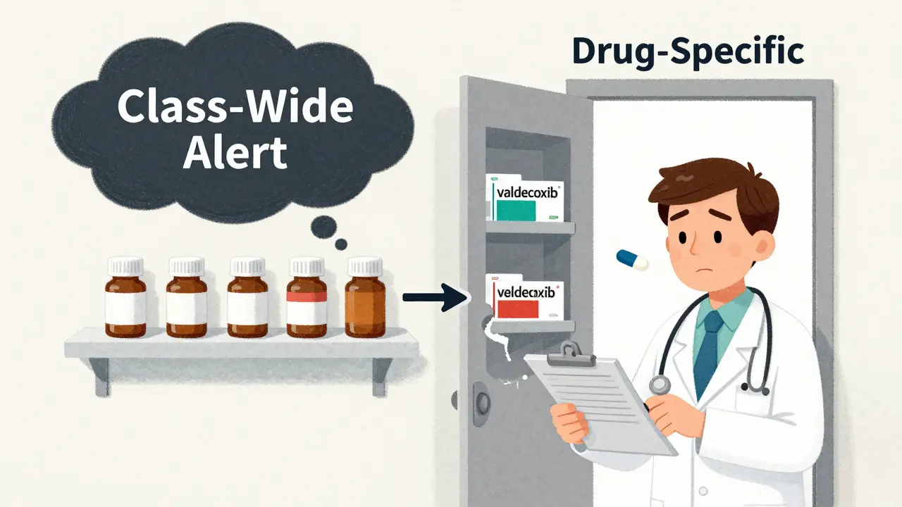 Doctor at prescription pad torn between blocking all statins or removing only one risky drug, illustrated with soft pencil textures.