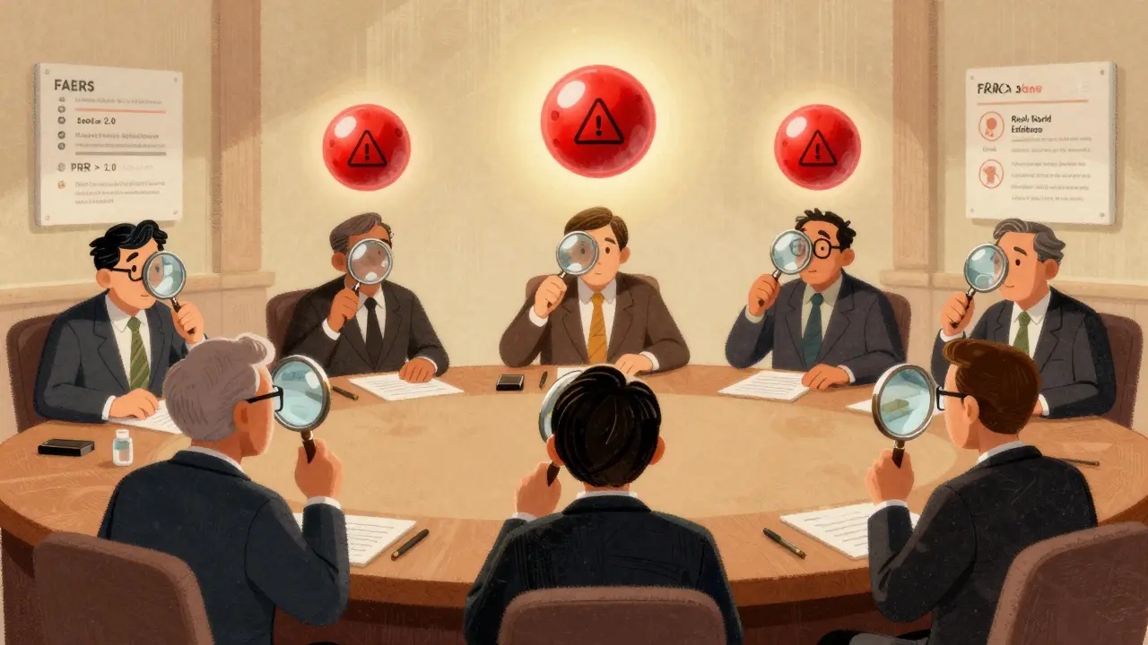 FDA review board with judges examining drug molecules, three glowing red with shared risks, two untouched, surrounded by data streams.