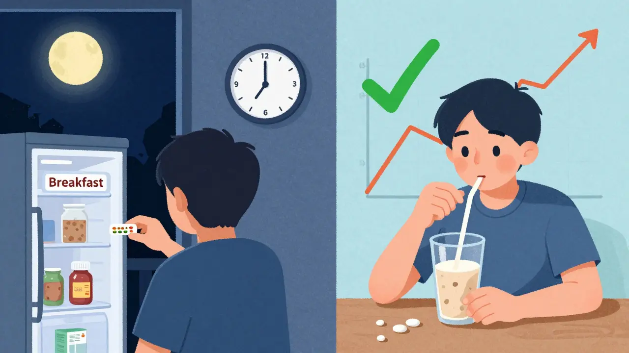 Nighttime levothyroxine dose with protein shake stored for next day, thyroid levels improving.