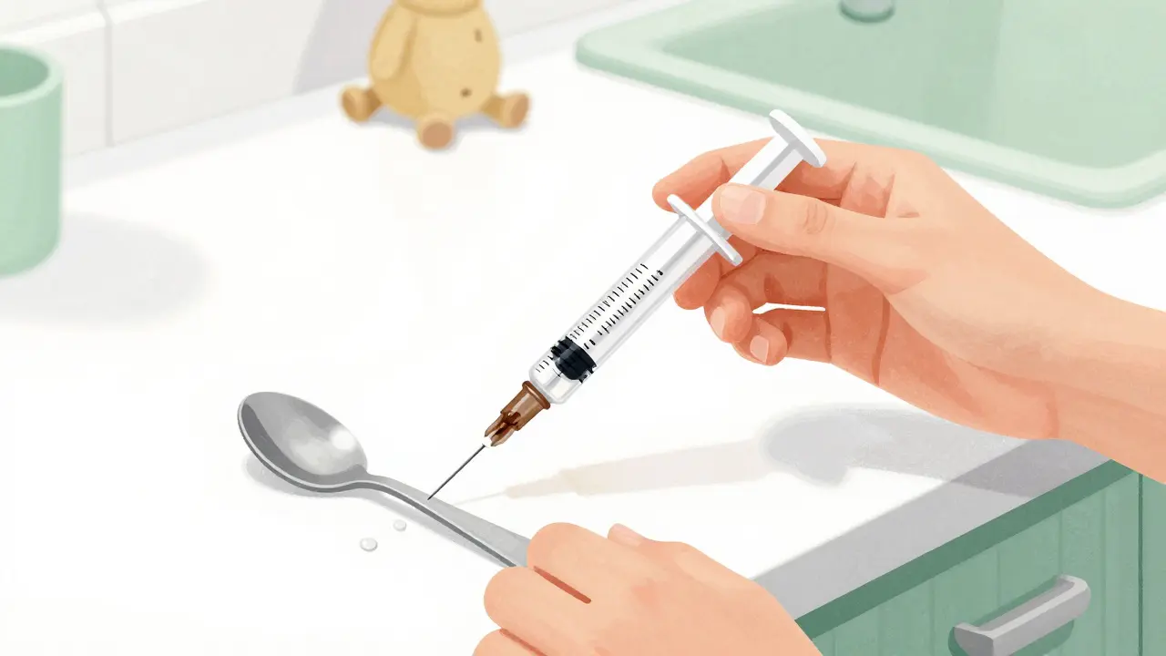 Parent measuring medicine with syringe instead of kitchen spoon