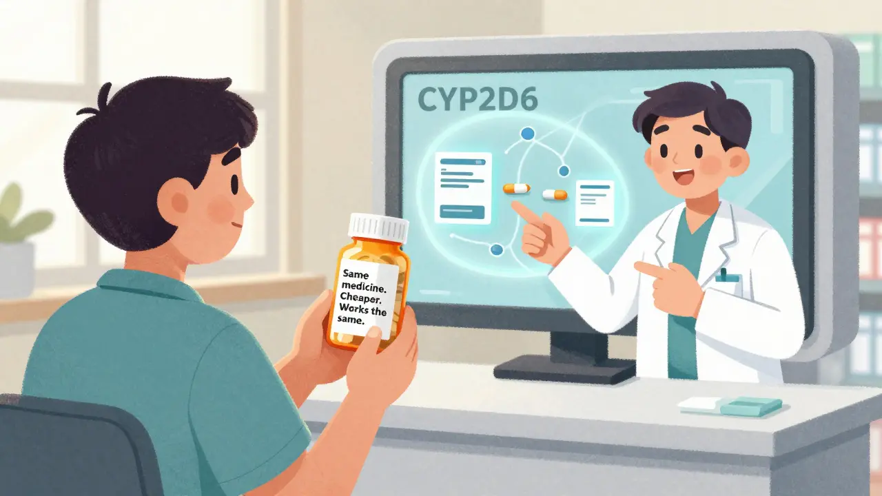 Patient receiving pill bottle with educational slip, pharmacist pointing to kiosk playing generic drug animation.