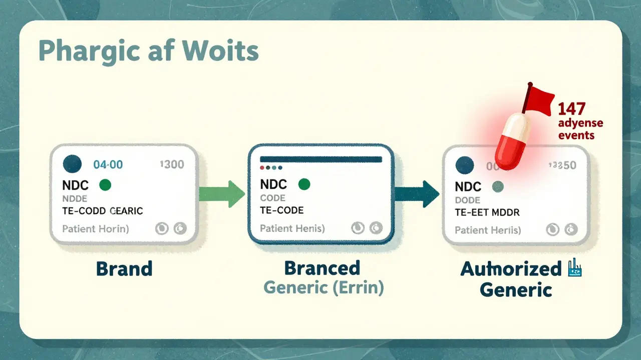 Pharmacy dashboard showing three drug types—brand, branded generic, and authorized generic—with warning flag over warfarin pill.
