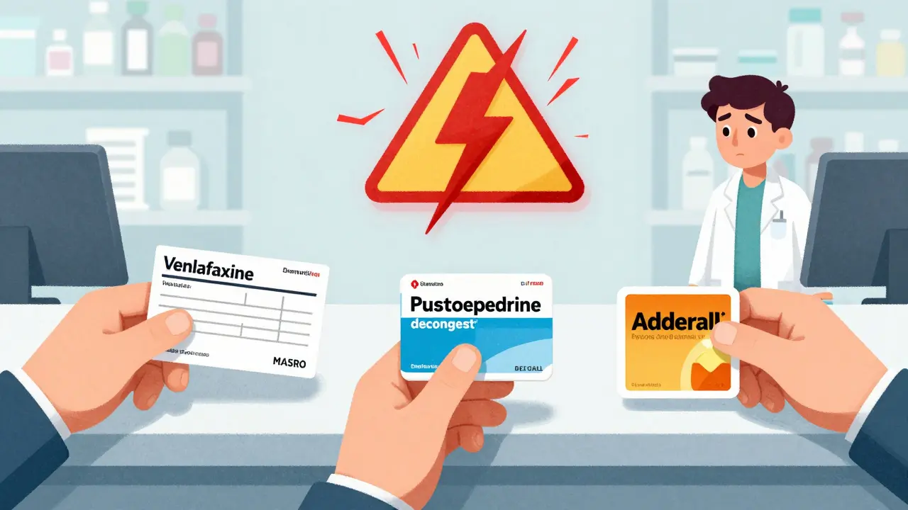 Three hands reaching for medications at a pharmacy counter, with a warning lightning bolt above.