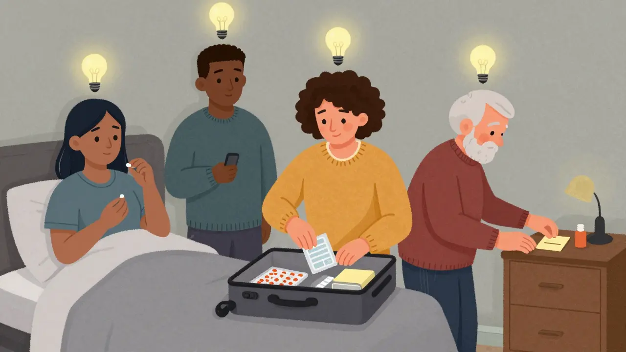 Three people in different settings each follow a personalized medication routine, symbolized by glowing lightbulbs above their heads.