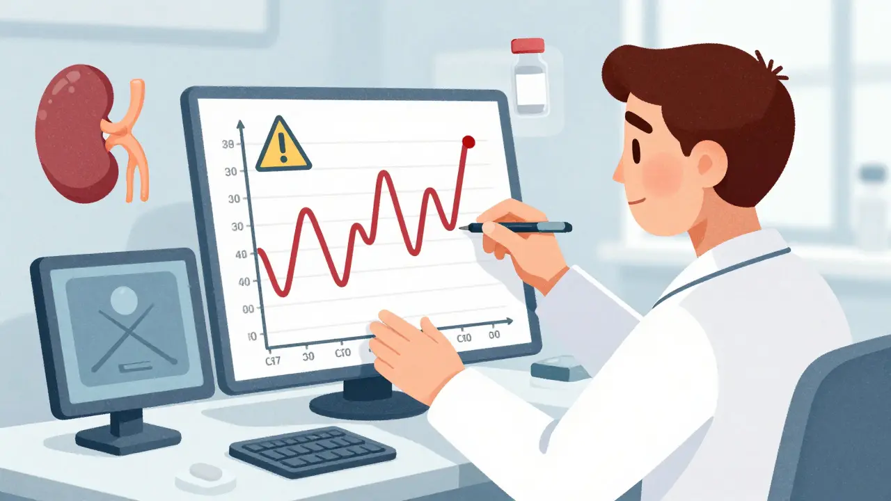 Transplant doctor reviewing blood test graph for tacrolimus levels in textured illustration.