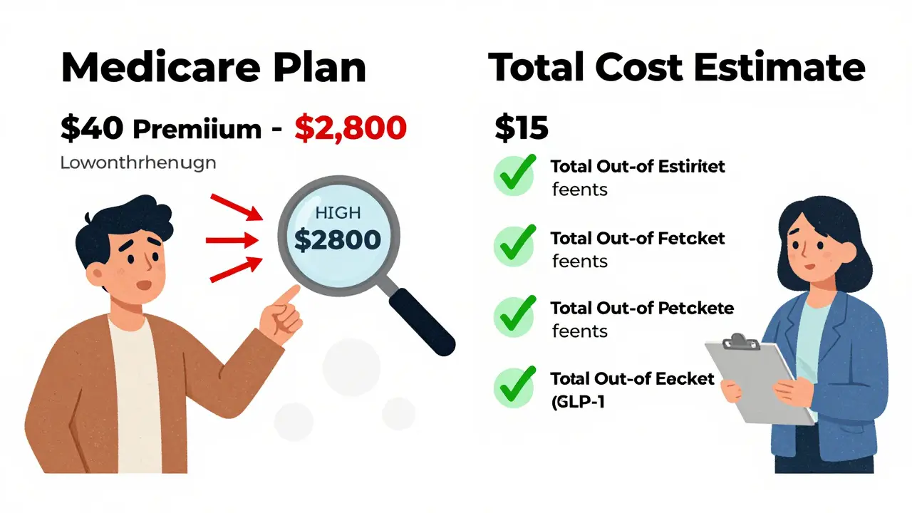 Two Medicare plan cost summaries shown side by side, highlighting hidden drug expenses versus true savings.