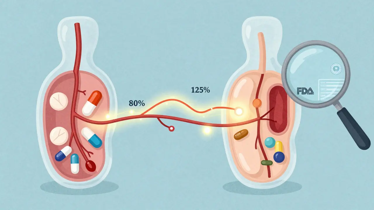 Two pills inside a human body showing identical absorption rates for bioequivalence.