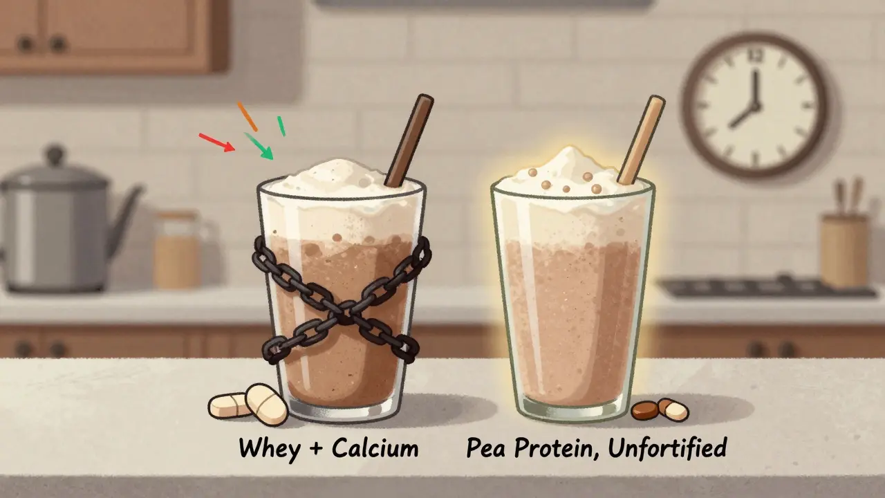 Two protein shakes compared: one interfering with medication, the other safer option with time gap.