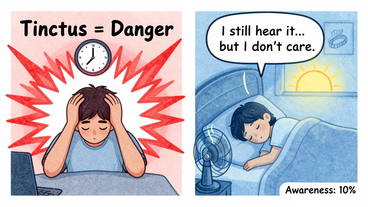 Two sides of a room showing tinnitus before and after TRT — one chaotic, one peaceful.