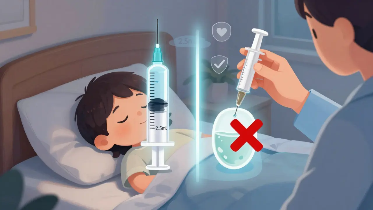 A caregiver giving medicine to a sleeping child with a syringe, while a glowing comparison shows accurate dosing versus incorrect spoon use.