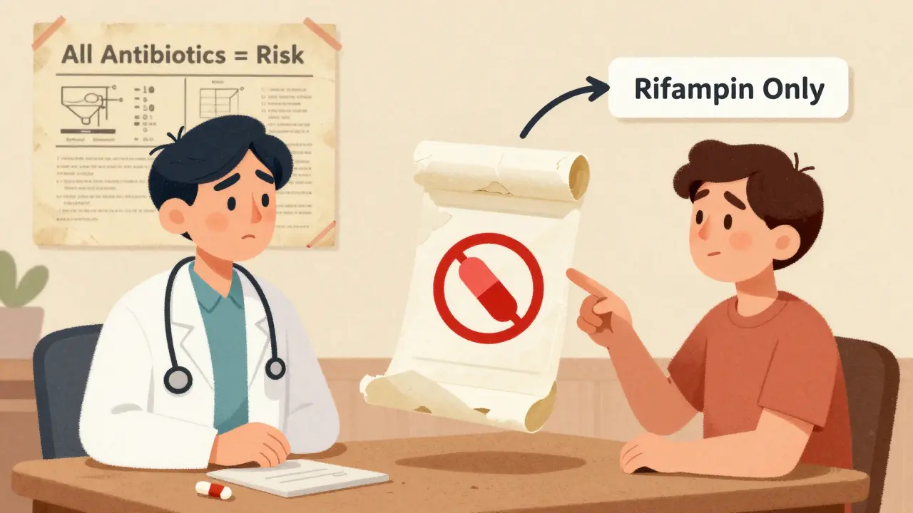 A doctor and patient at a table, with a crumbling pill insert and a red pregnancy symbol, highlighting misinformation about antibiotics and contraception.