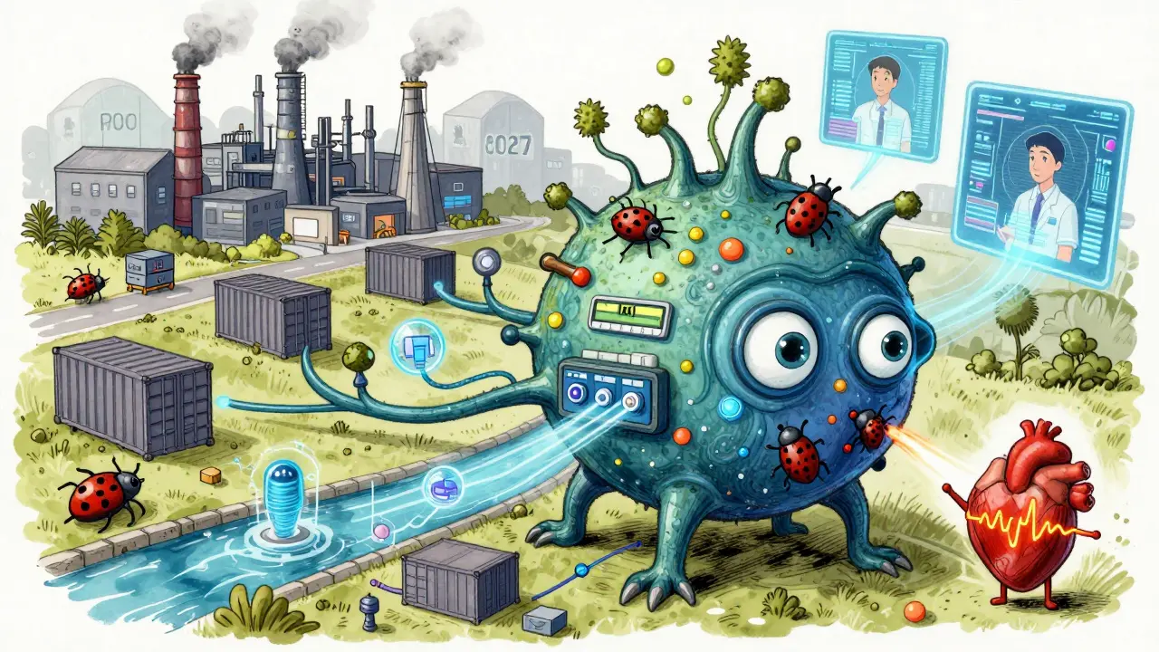 A living supply chain network with data rivers, IoT sensors, and a patient's heart beating in sync with digital twins.