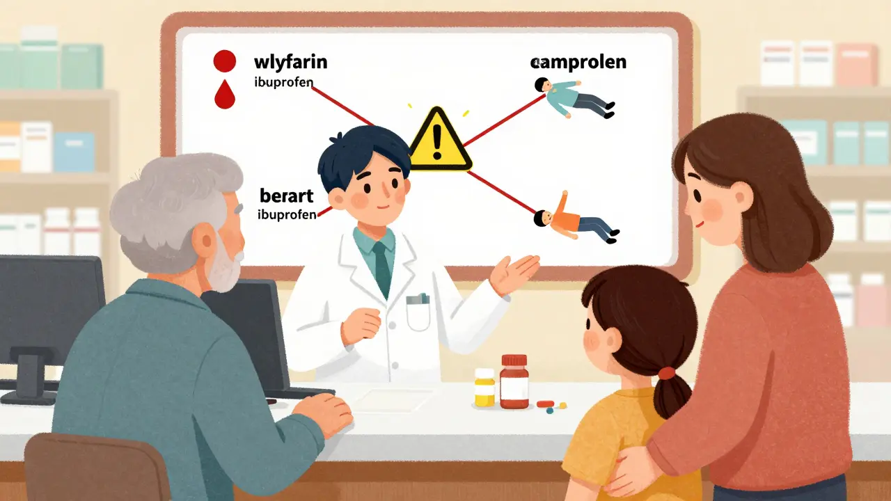A pharmacist explaining medication risks to an older adult and their child, with a chart showing dangerous drug interactions.