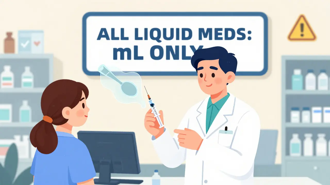 A pharmacist handing an oral syringe to a parent in a pharmacy, with a sign saying 'ALL LIQUID MEDS: mL ONLY' on the wall.