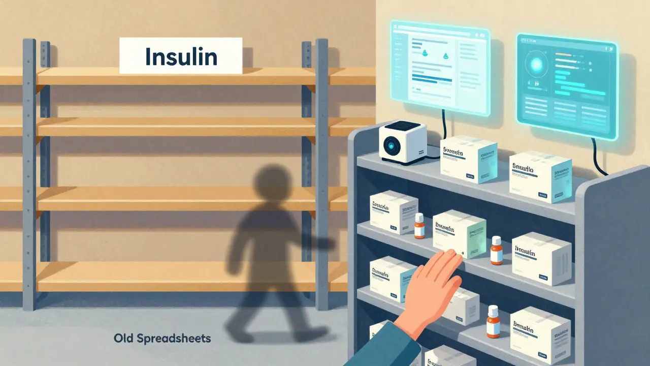 A split warehouse: one side empty, the other stocked with smart sensors and AI systems guiding medicine delivery.