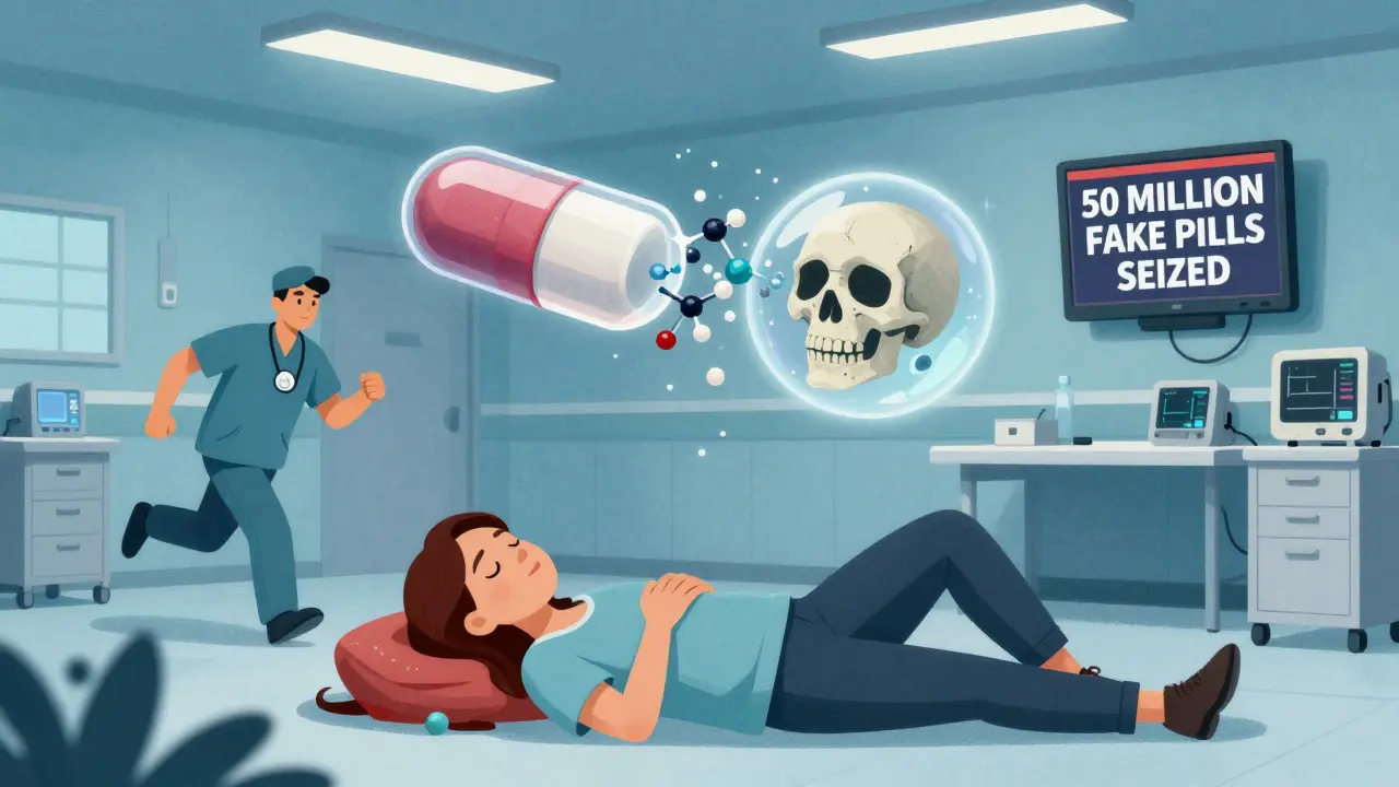 A woman collapsing in a hospital as a pill splits into a safe molecule and a fentanyl skull, with medical staff rushing to help.