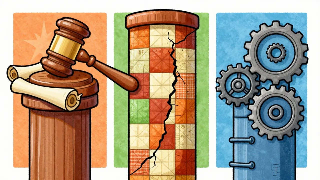 Abstract pillars with gavel, quilt, and gears symbolizing regional drug policies.