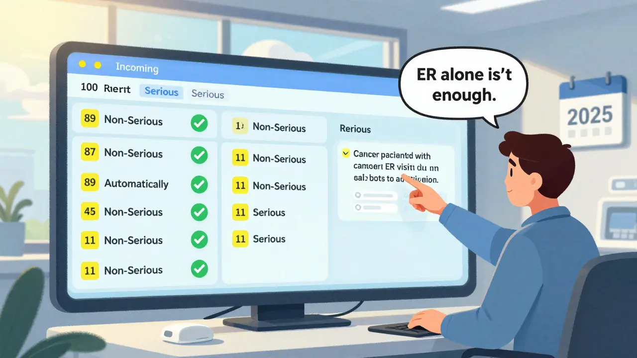 AI dashboard showing 89 non-serious and 11 serious event reports, human reviewer examining an ER visit case with sunlight streaming in.