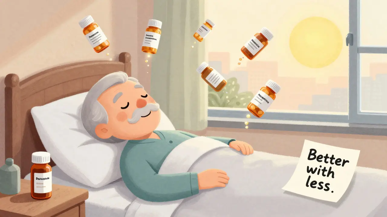 An elderly person in bed as risky pill bottles fade away, replaced by a rising sun and a simple pill on the nightstand.
