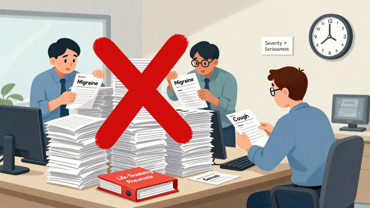 Cluttered office with stacks of mislabeled adverse event reports, one red folder ignored, clock ticking past 24 hours.