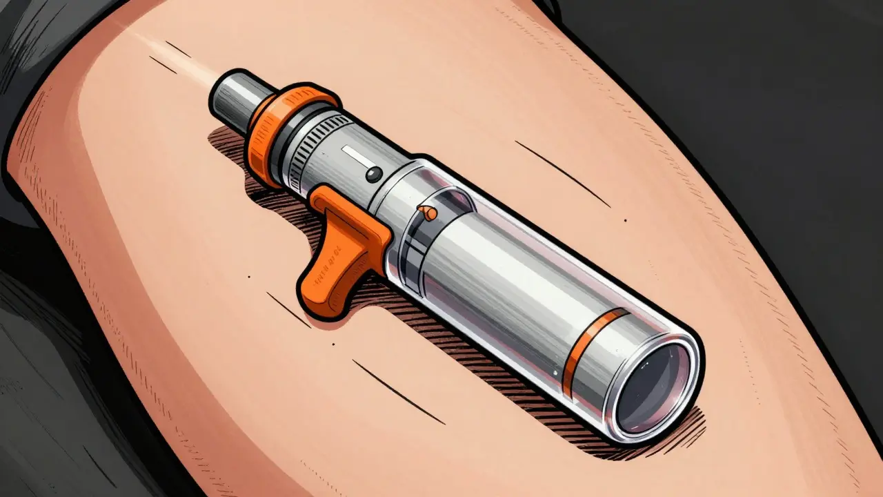 Orange epinephrine injector device near thigh