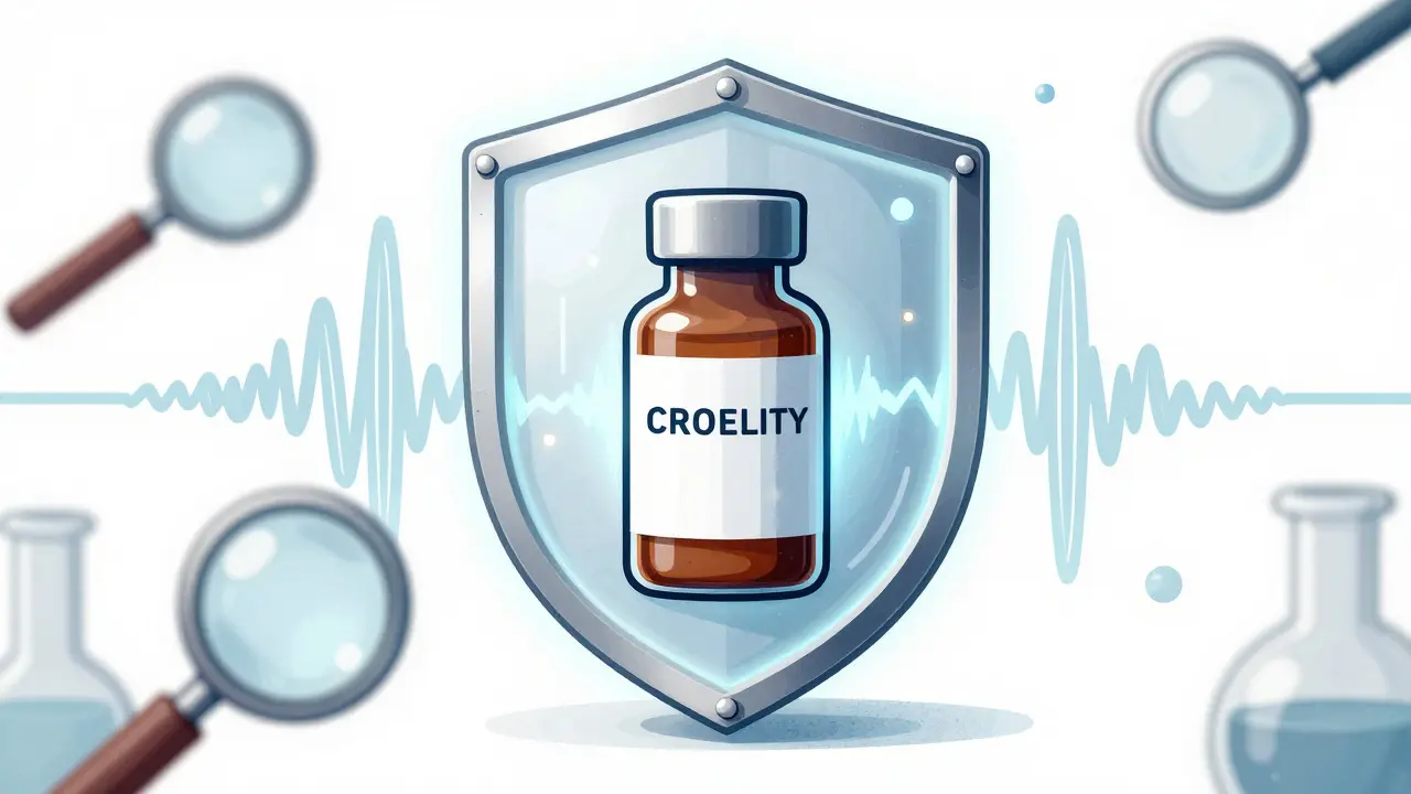 Shield protecting a pill bottle with lab tools and safety waveforms nearby.