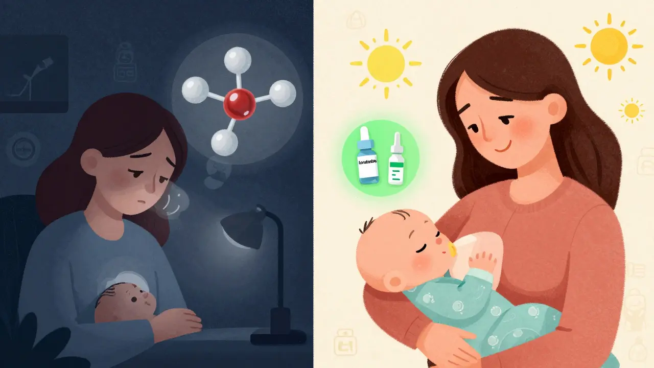 Split scene: drowsy baby with morphine molecules vs. alert baby with safe allergy meds and nasal spray glowing green.