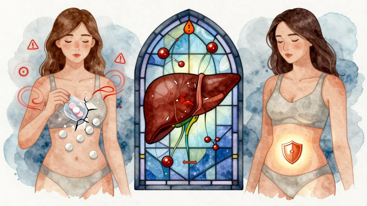 Two women side by side: one with crumbling birth control pill, the other with a glowing copper IUD, while a liver shows enzyme activity.