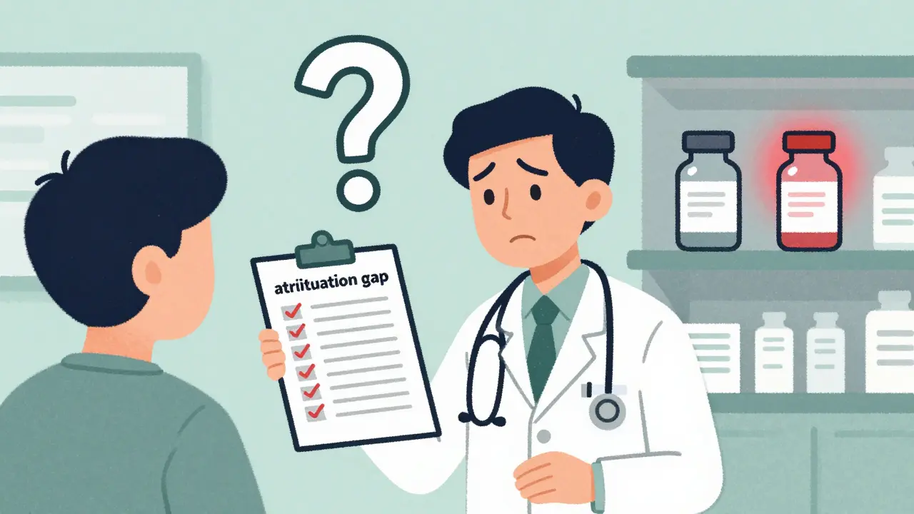 A confused doctor illustrating the difficulty of identifying which biosimilar drug a patient received.