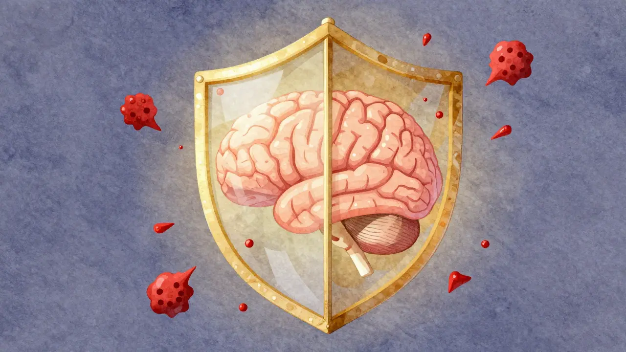 A human brain protected by a golden shield from blood clots to symbolize stroke prevention.