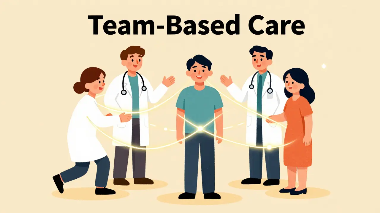 A patient surrounded by a supportive team of medical professionals and a friend.