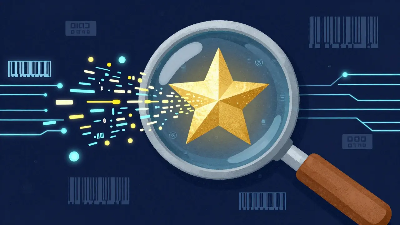 An AI magnifying glass analyzing medical data to detect safety signals for biosimilar drugs.