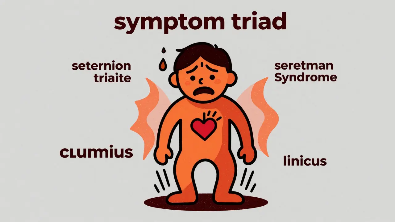 Cartoon illustration of a person showing confusion, shivering limbs, and heavy sweating.