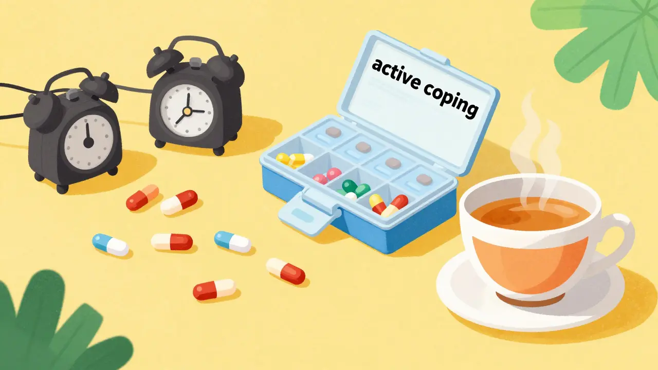 Comparison between a chaotic medication routine and an organized, positive habit.