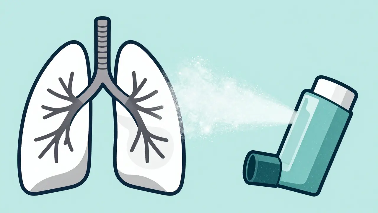 Illustration of a lung and a medication mist from an inhaler.
