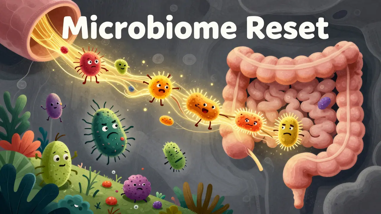 Illustration showing a healthy microbiome transplant restoring balance to the gut.