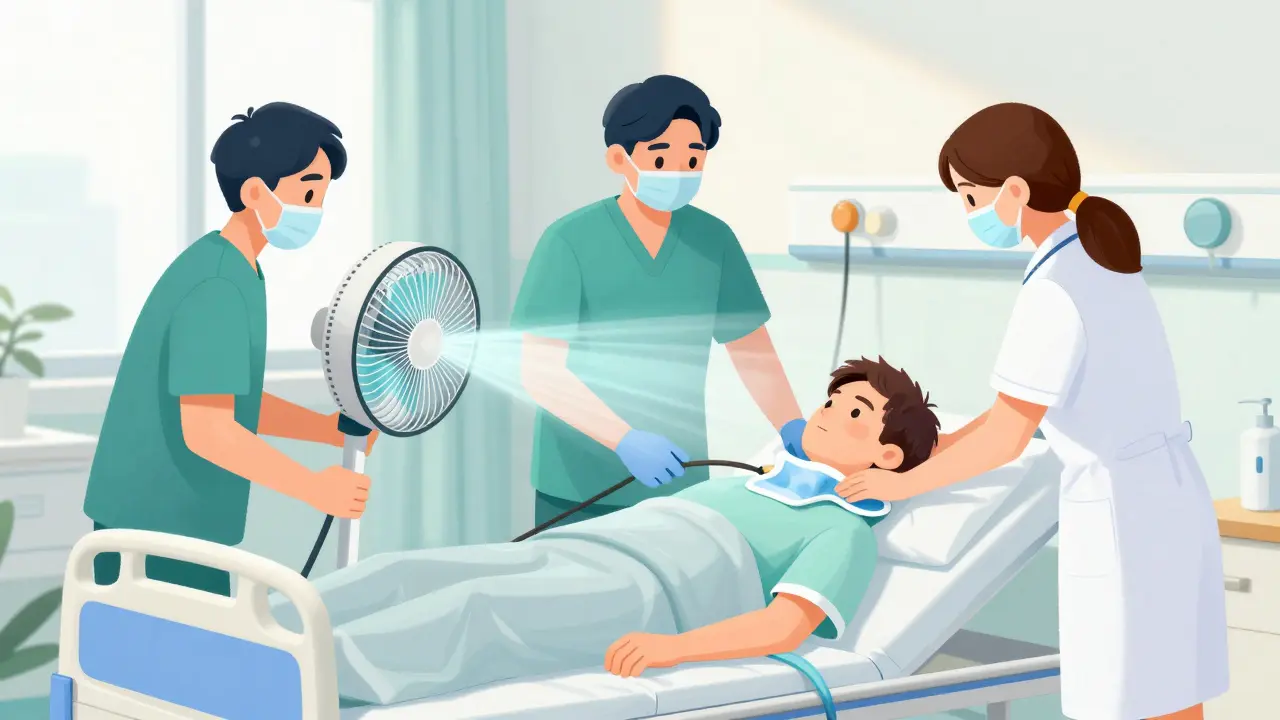 Medical illustration of a patient receiving active cooling treatment with fans and ice packs in a hospital.