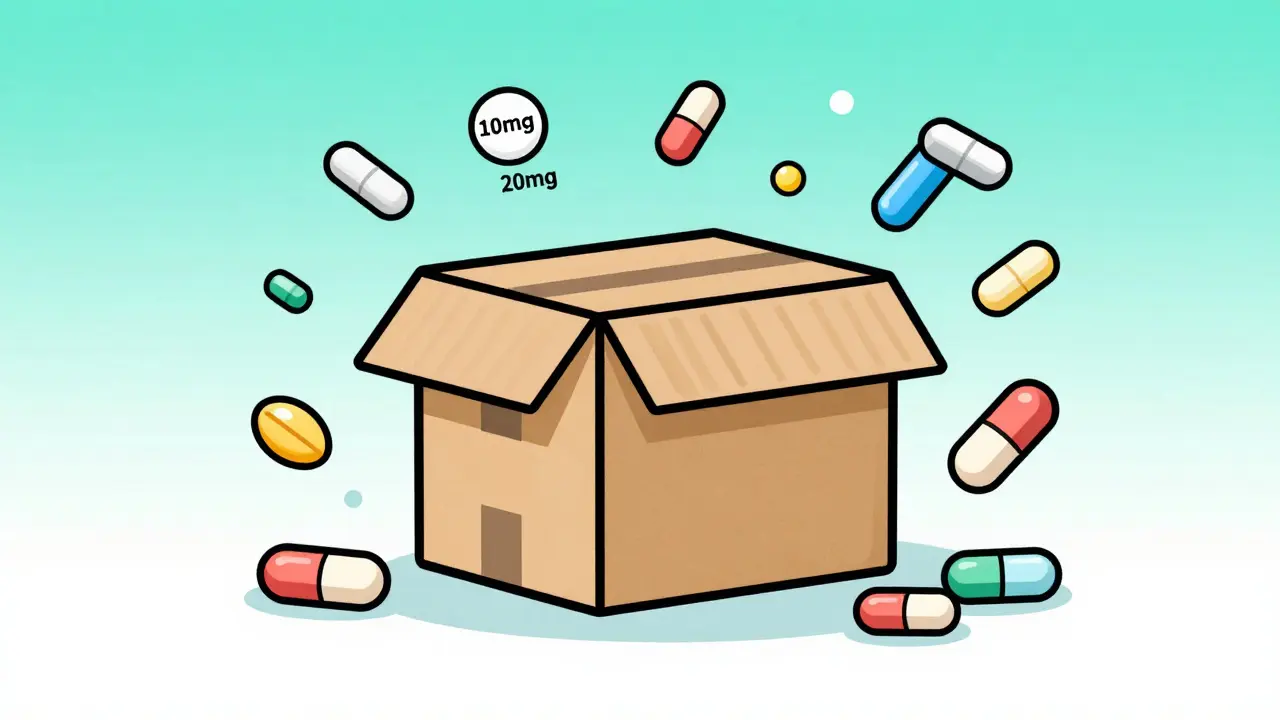 Medical shipping box surrounded by generic medication tablets