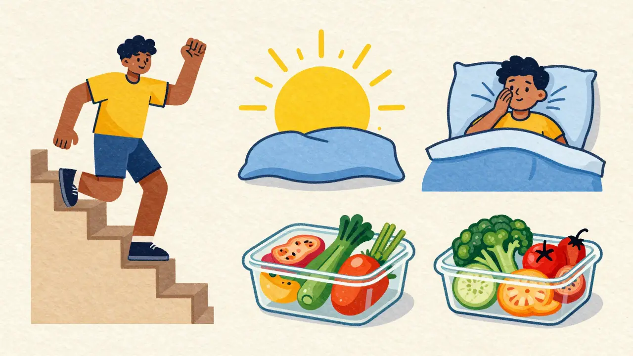 Montage showing a person climbing stairs, waking up refreshed, and preparing healthy meals.