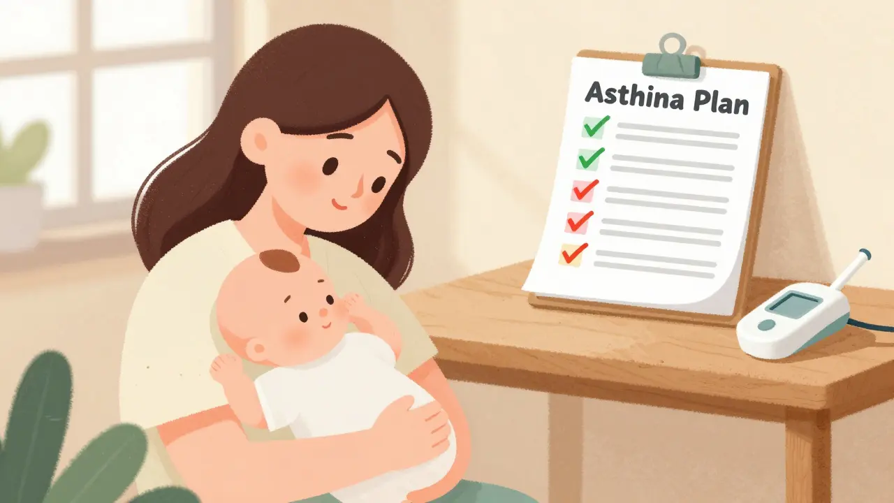 Nursing mother with her baby and a medical action plan in the background.